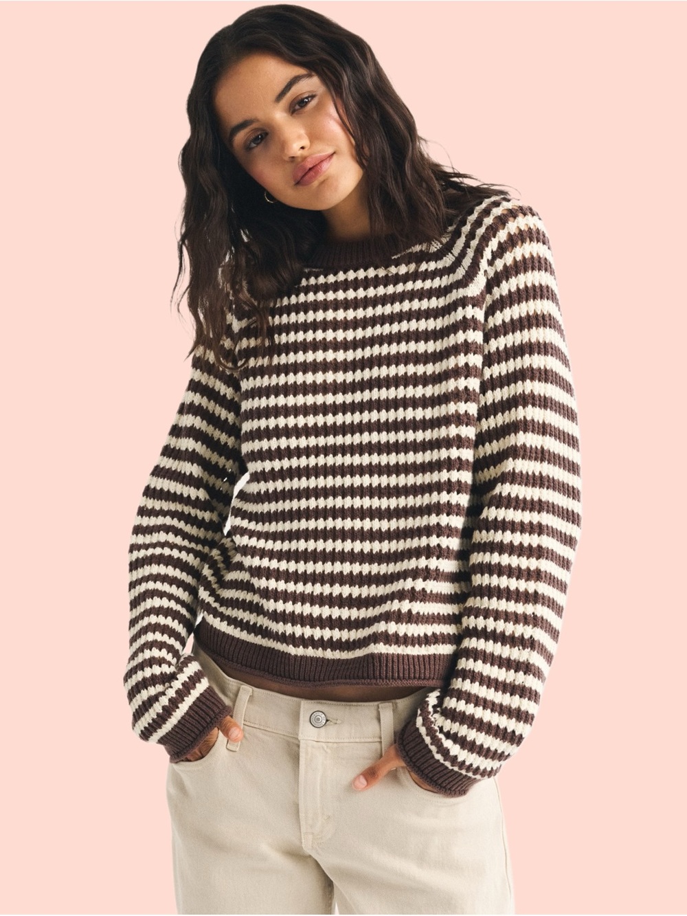100% Cotton A&F Madeline Crochet-Style Crew Sweater